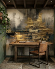 The Gold Seam gold grey and black abstract wallpaper adding character to a cozy bedroom