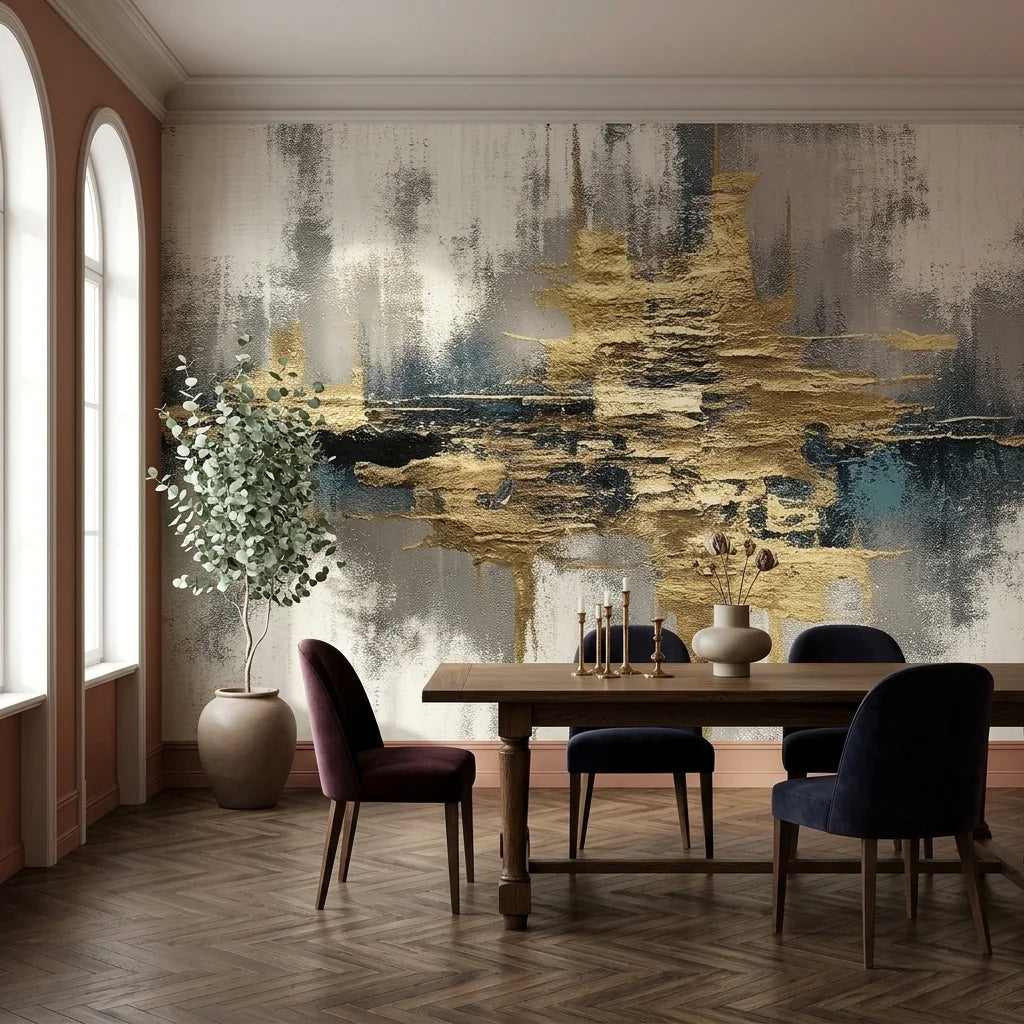 The Gold Seam gold grey and black abstract wallpaper as a feature wall in a bright home office