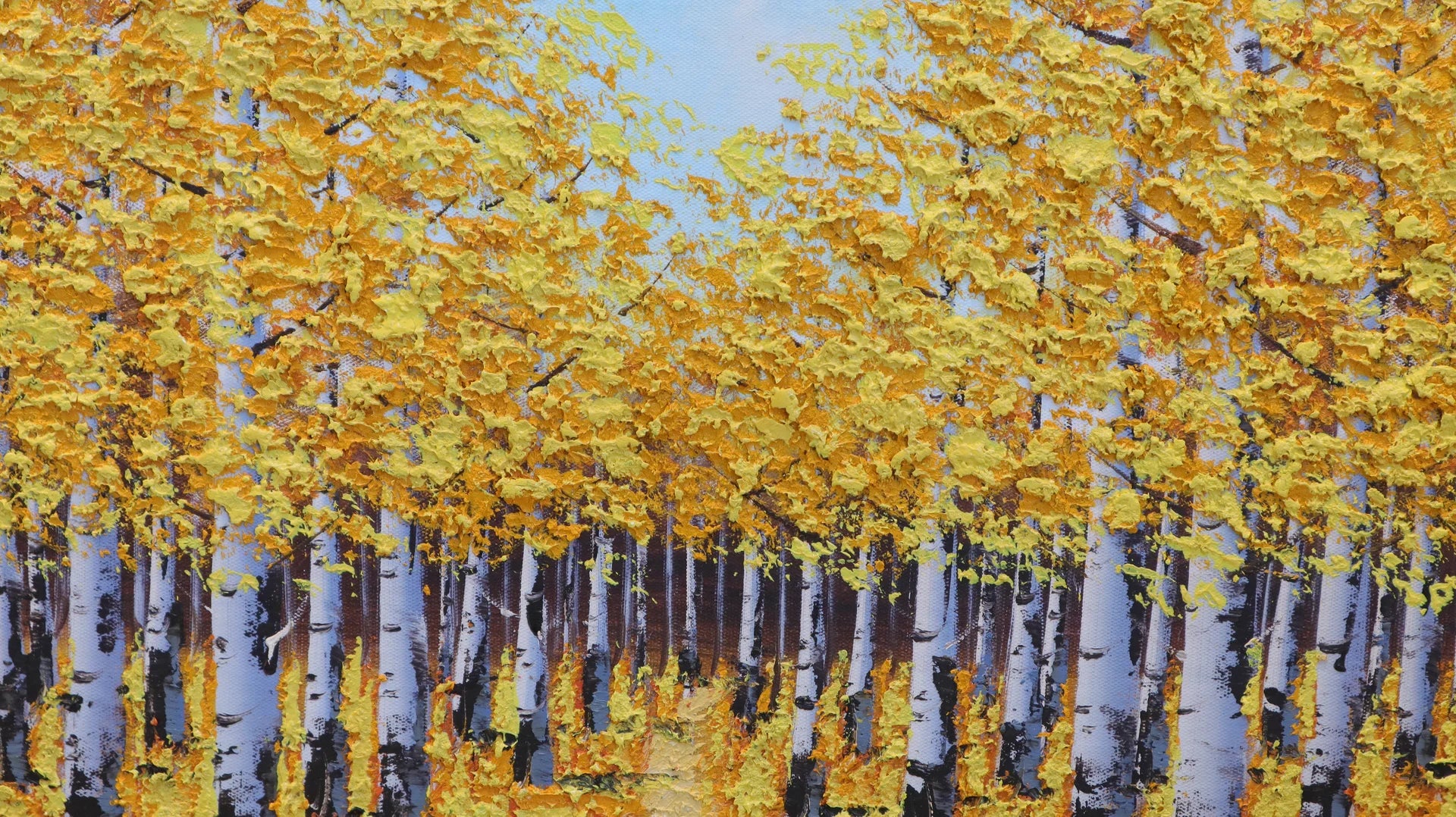 The Golden Corridor golden autumn birch forest wallpaper creating ambiance in a serene bathroom