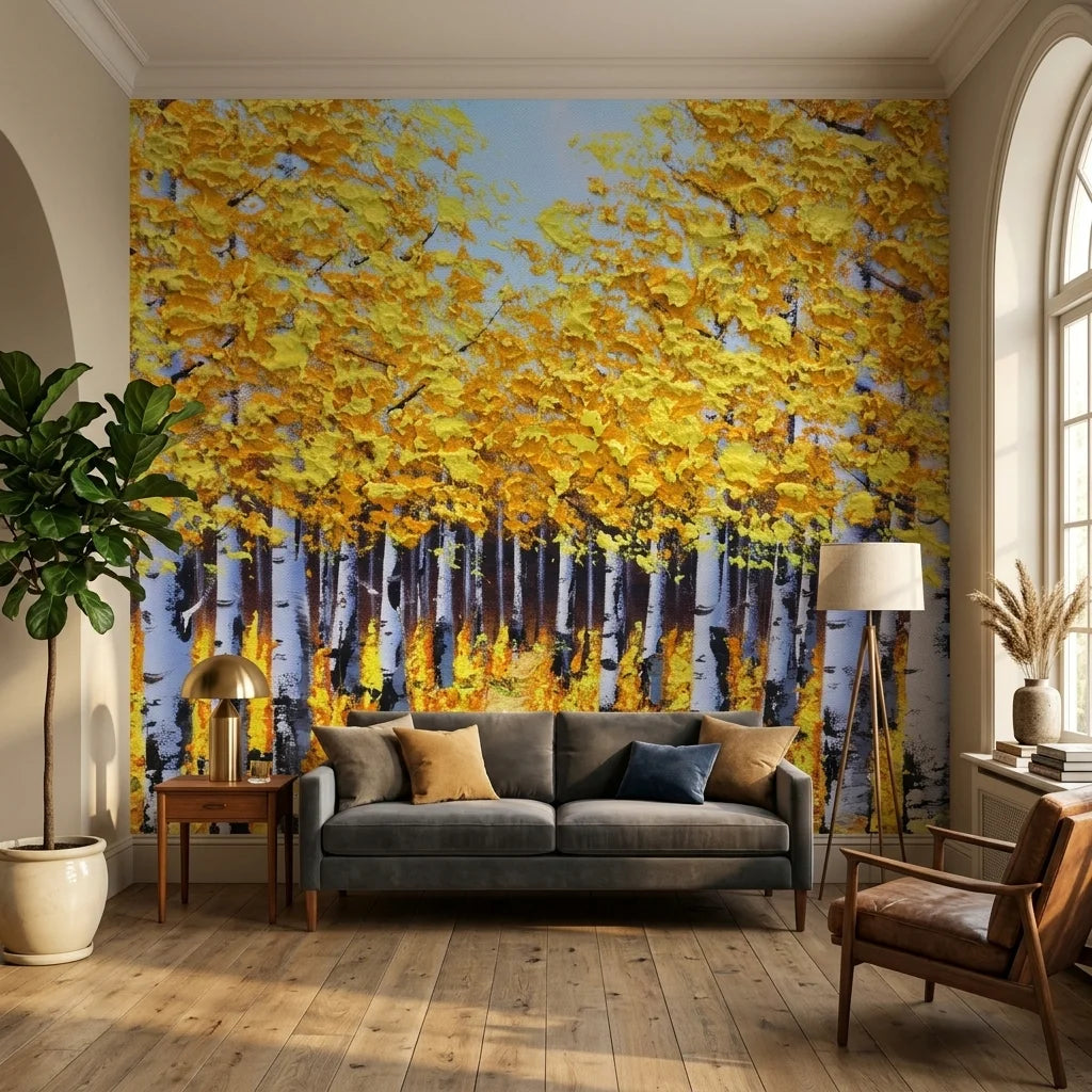 Textured golden yellow autumn birch forest peel and stick wallpaper - The Golden Corridor