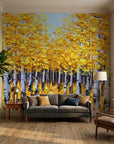 Textured golden yellow autumn birch forest peel and stick wallpaper - The Golden Corridor