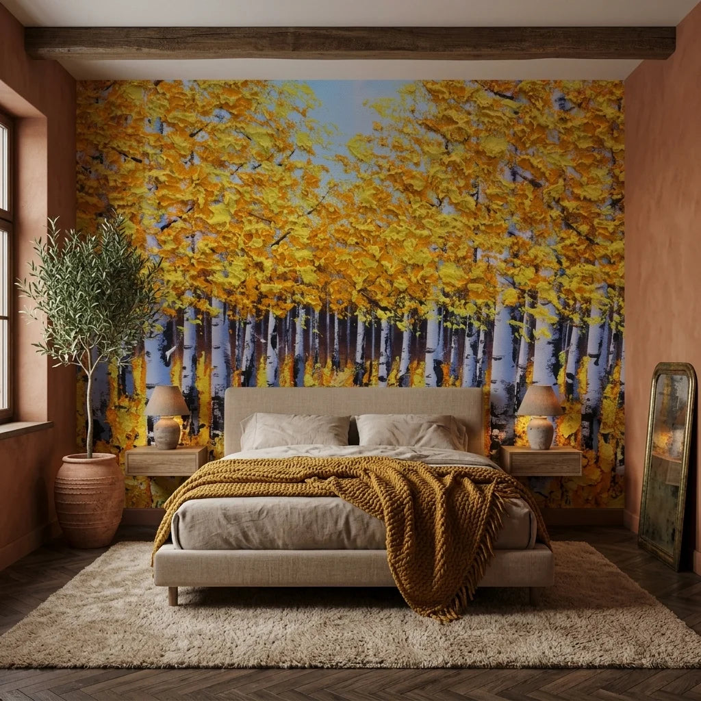 The Golden Corridor golden autumn birch forest wallpaper in a warm and inviting living room