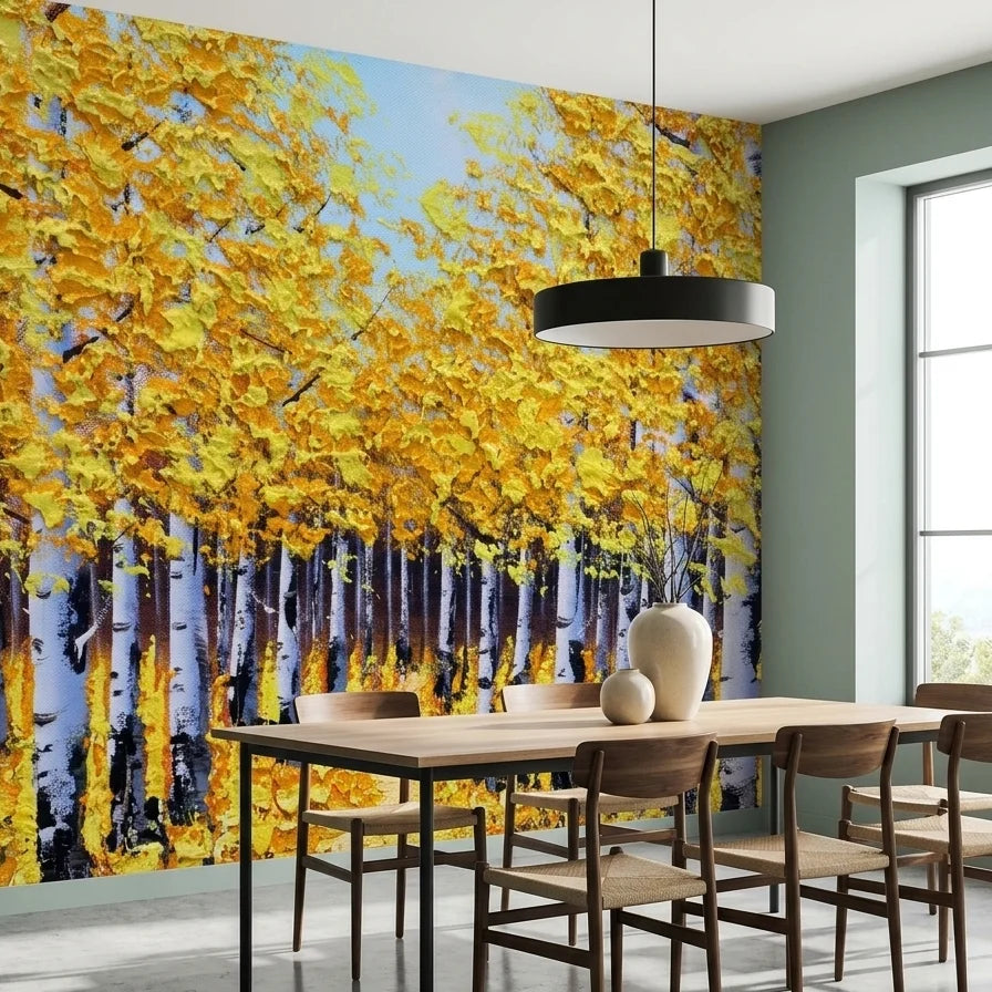 The Golden Corridor golden autumn birch forest wallpaper adding character to a cozy bedroom