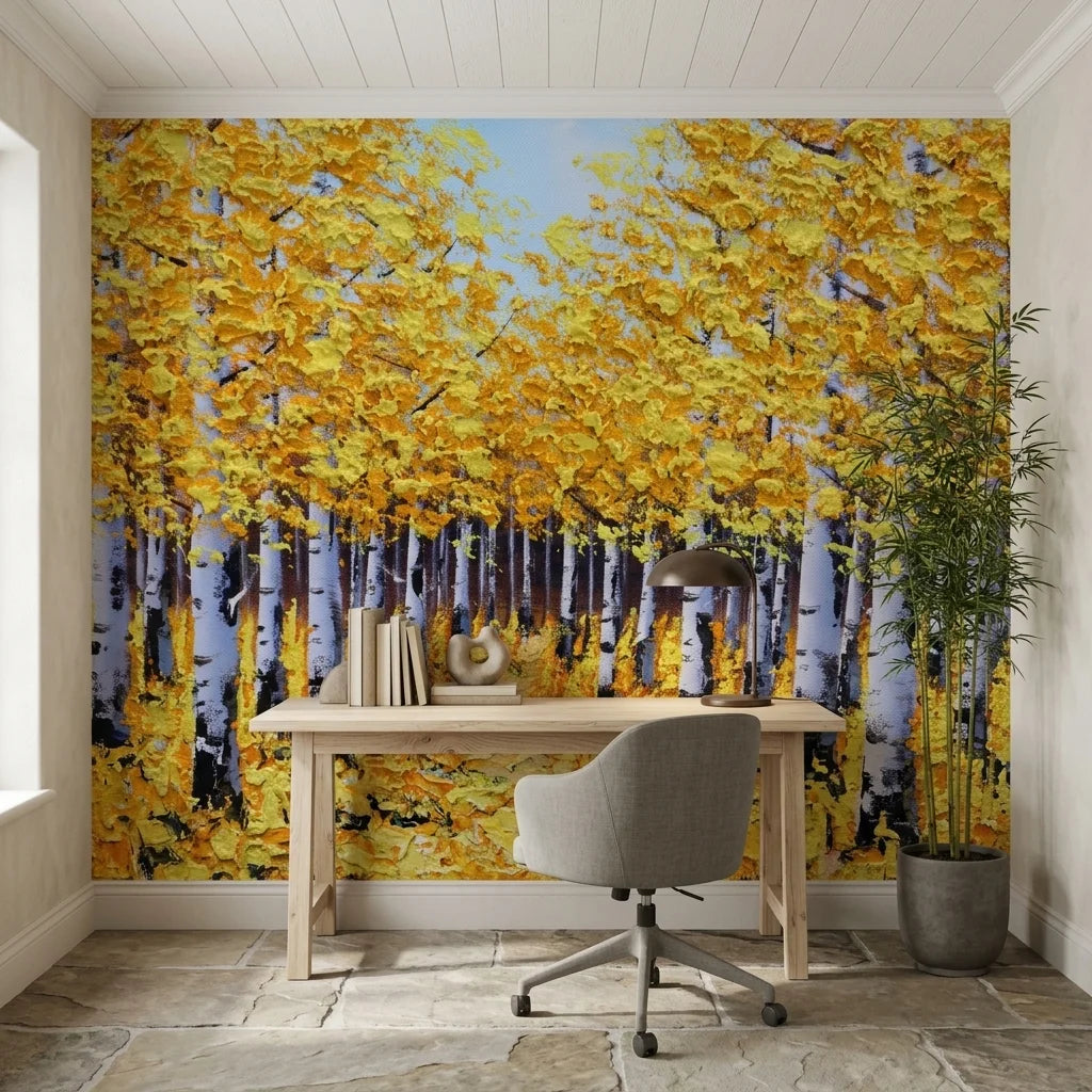 The Golden Corridor golden autumn birch forest wallpaper as a feature wall in a bright home office