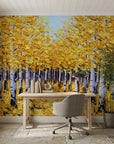 The Golden Corridor golden autumn birch forest wallpaper as a feature wall in a bright home office