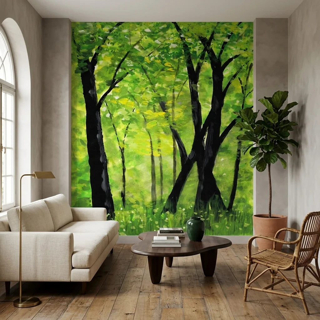 Smooth vibrant green forest canopy watercolor peel and stick wallpaper - The Green Cathedral