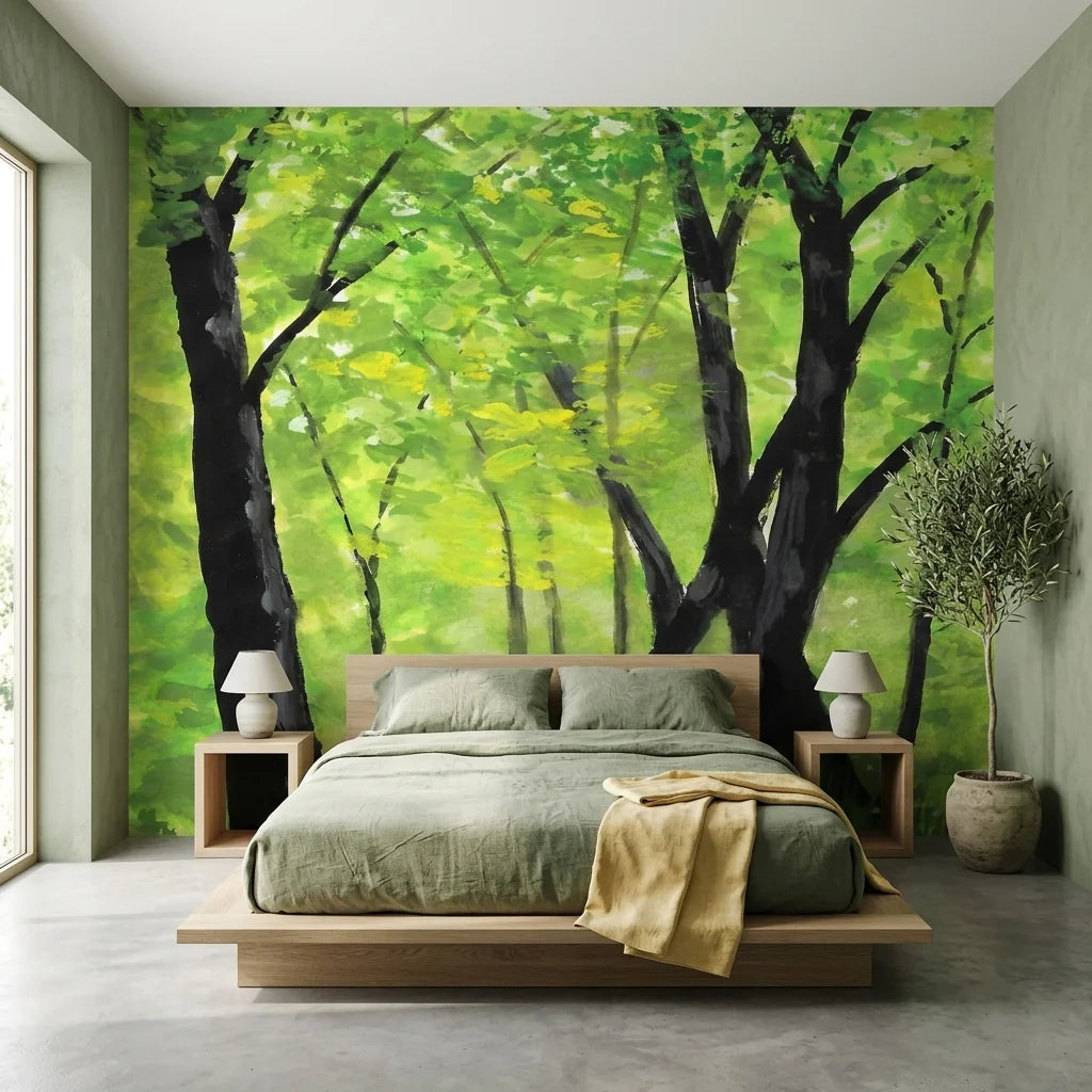 The Green Cathedral lush green forest canopy wallpaper in a warm and inviting living room