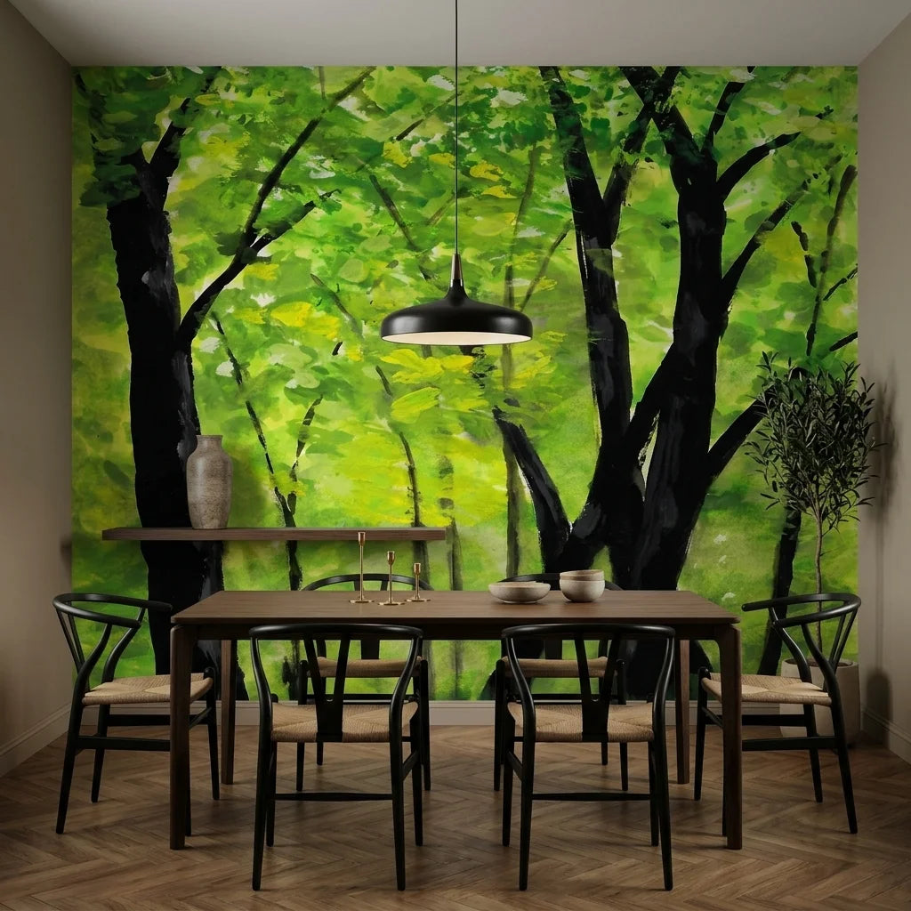 The Green Cathedral lush green forest canopy wallpaper adding character to a cozy bedroom