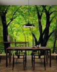 The Green Cathedral lush green forest canopy wallpaper adding character to a cozy bedroom