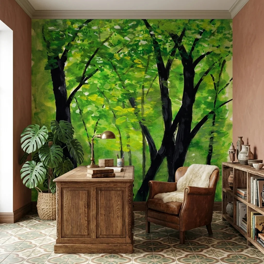 The Green Cathedral lush green forest canopy wallpaper as a feature wall in a bright home office