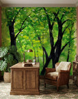 The Green Cathedral lush green forest canopy wallpaper as a feature wall in a bright home office