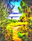 The Green Gate vibrant garden path landscape wallpaper creating ambiance in a serene bathroom