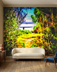 Textured vibrant green garden path landscape peel and stick wallpaper - The Green Gate
