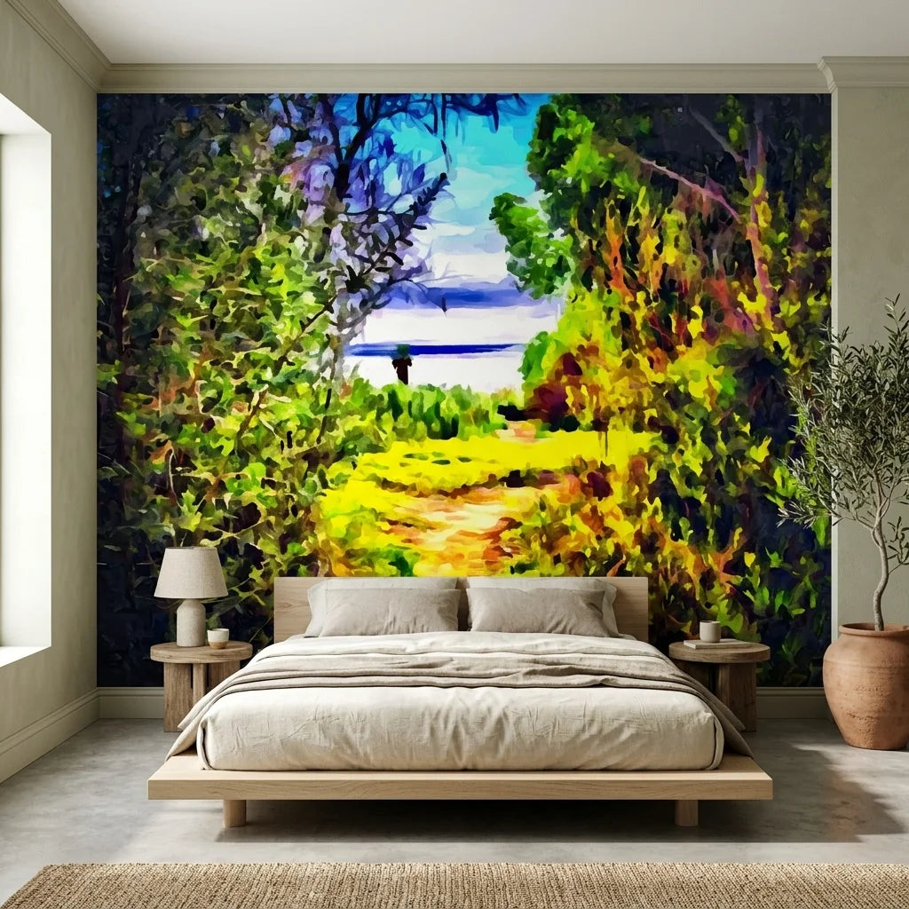 The Green Gate vibrant garden path landscape wallpaper in a warm and inviting living room