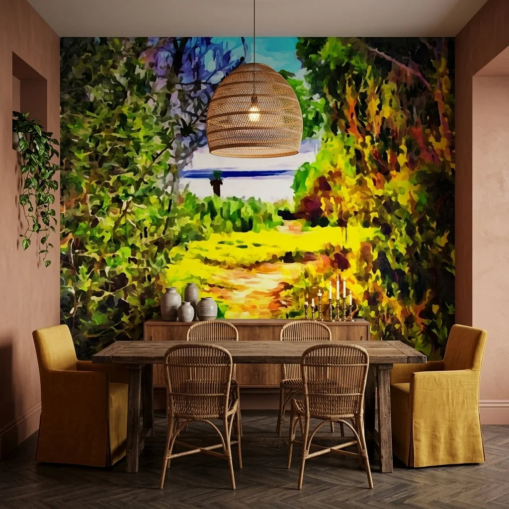 The Green Gate vibrant garden path landscape wallpaper adding character to a cozy bedroom