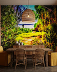 The Green Gate vibrant garden path landscape wallpaper adding character to a cozy bedroom