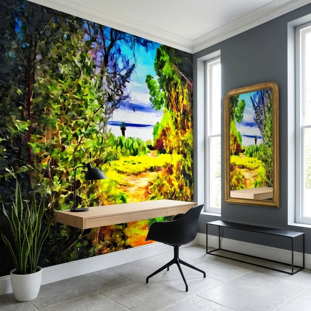 The Green Gate vibrant garden path landscape wallpaper as a feature wall in a bright home office