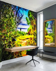The Green Gate vibrant garden path landscape wallpaper as a feature wall in a bright home office