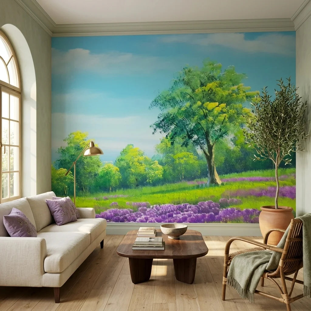 Smooth lavender meadow green tree pastoral landscape peel and stick wallpaper - The Lilac Season