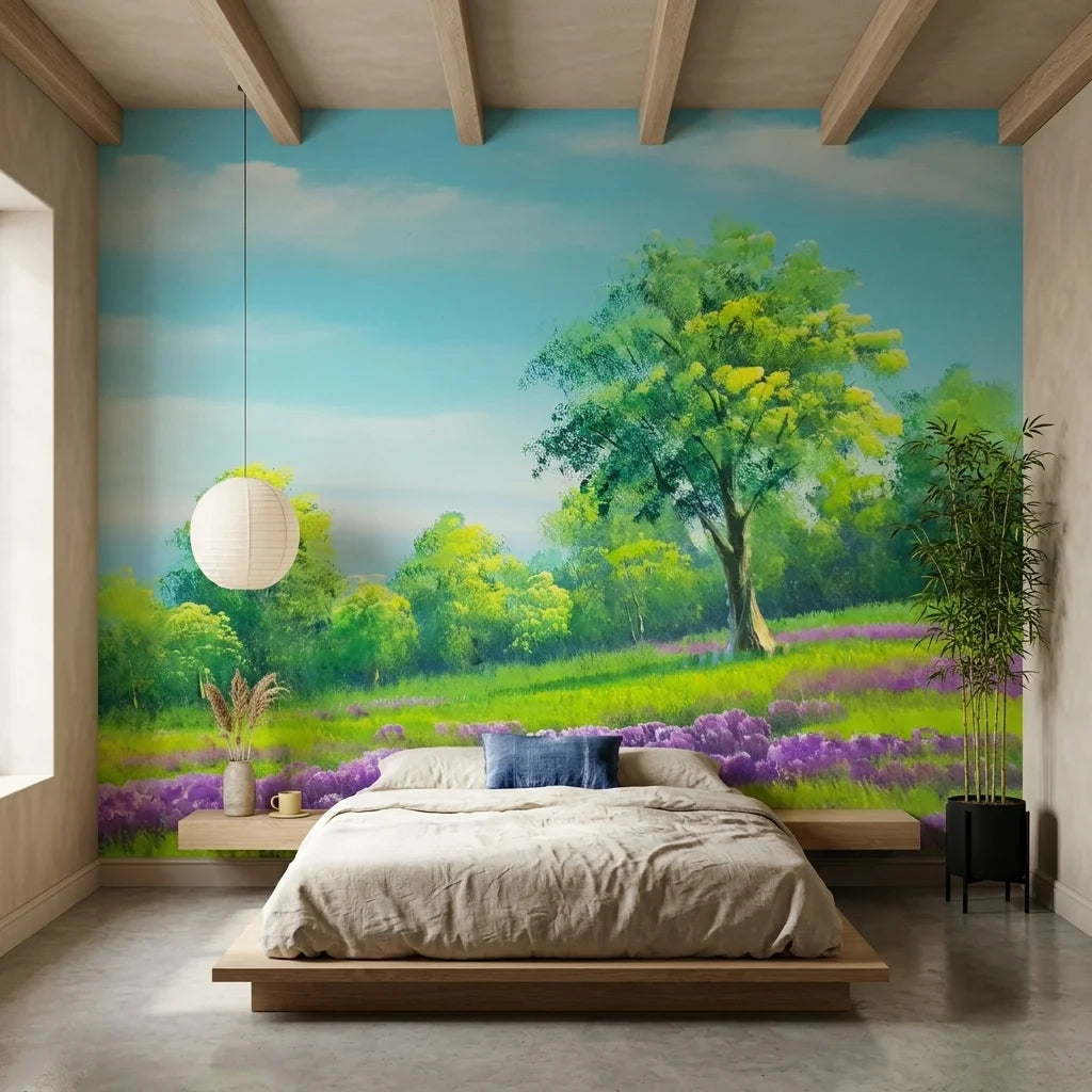The Lilac Season lavender meadow and green tree landscape wallpaper in a warm and inviting living room