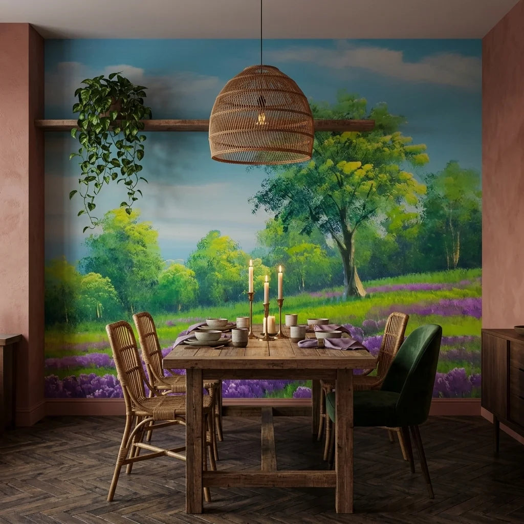 The Lilac Season lavender meadow and green tree landscape wallpaper adding character to a cozy bedroom