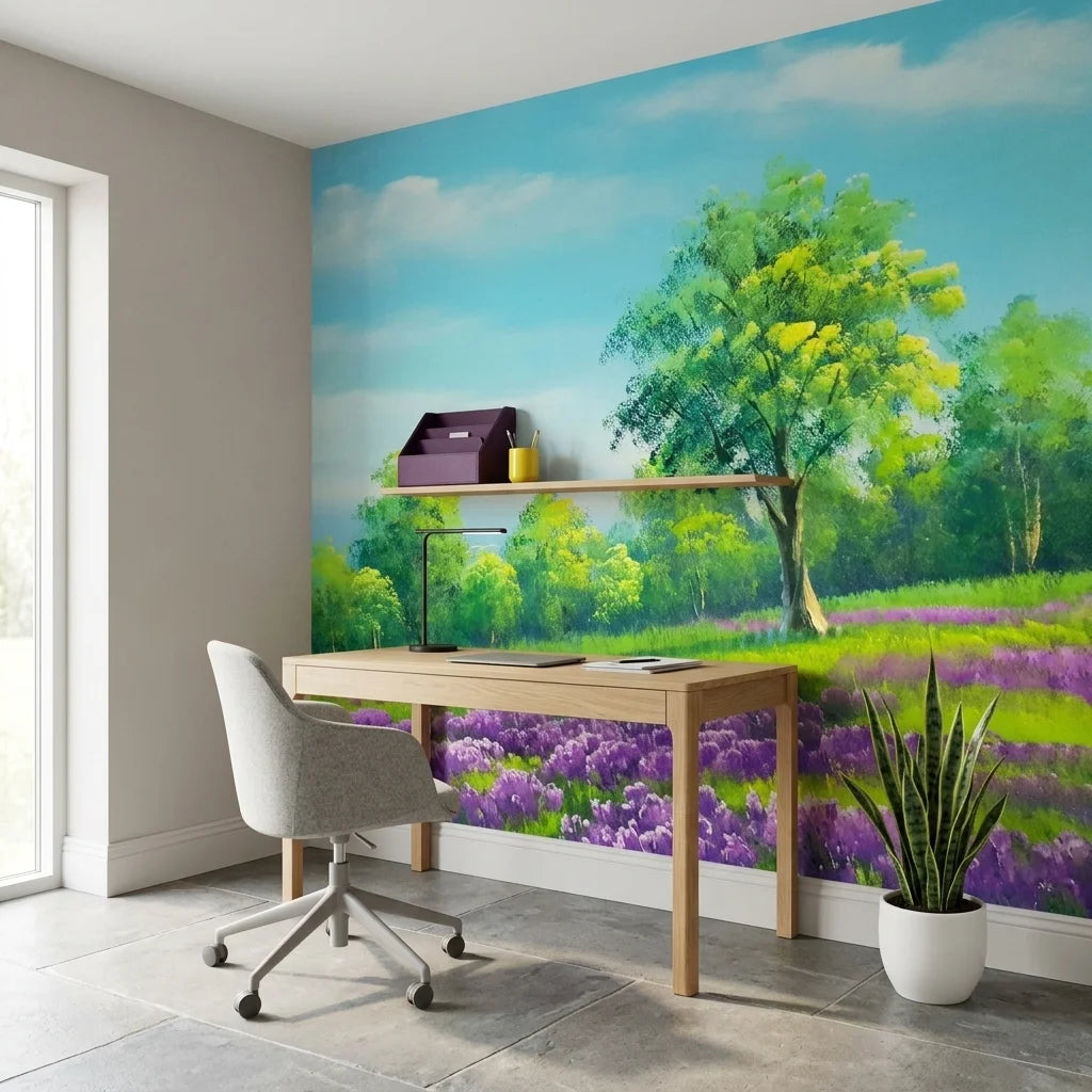 The Lilac Season lavender meadow and green tree landscape wallpaper as a feature wall in a bright home office