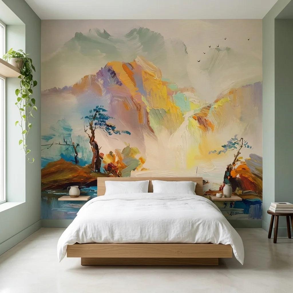 The Morning Gorge serene mountain landscape wallpaper in a warm and inviting living room