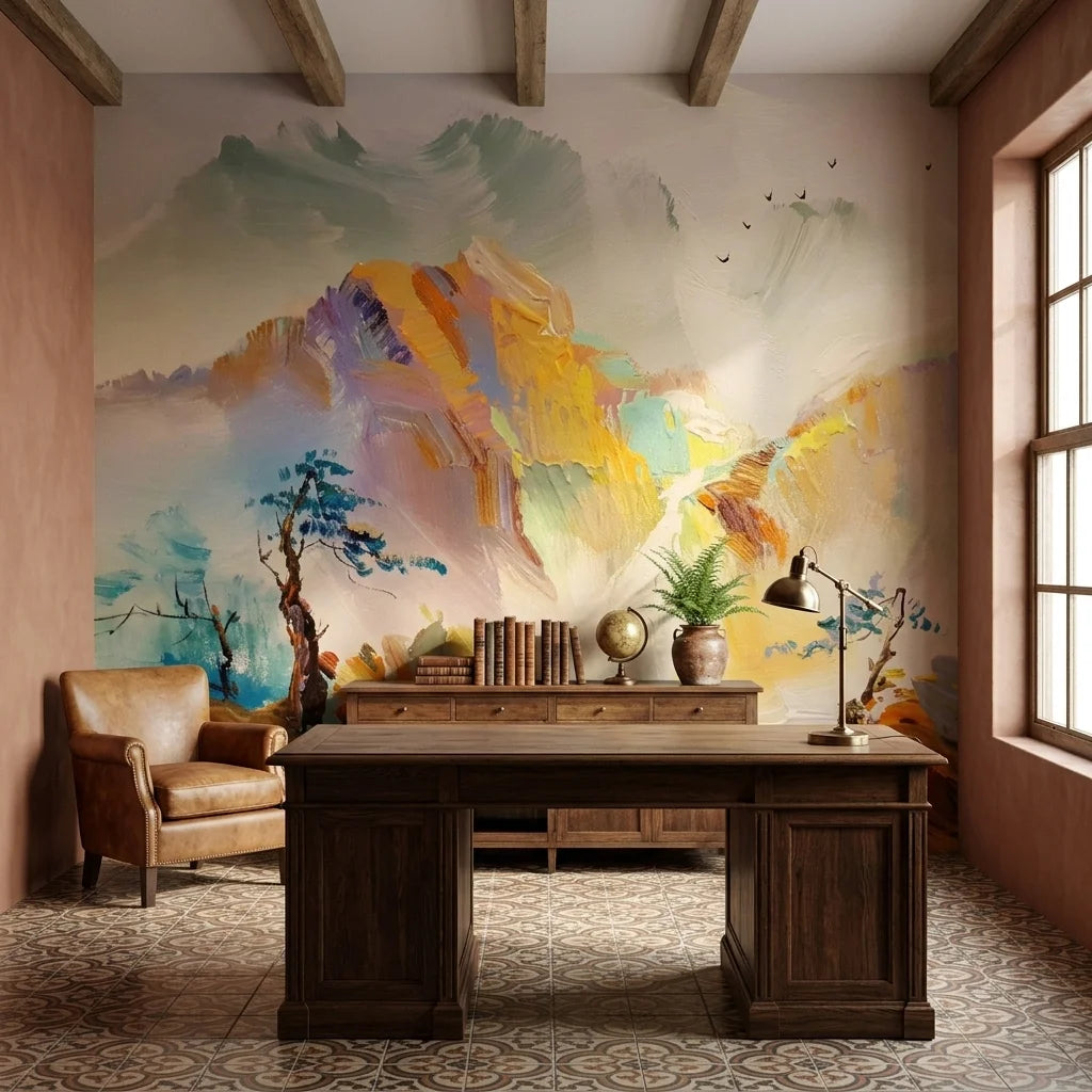 The Morning Gorge serene mountain landscape wallpaper as a feature wall in a bright home office