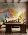 The Morning Gorge serene mountain landscape wallpaper as a feature wall in a bright home office