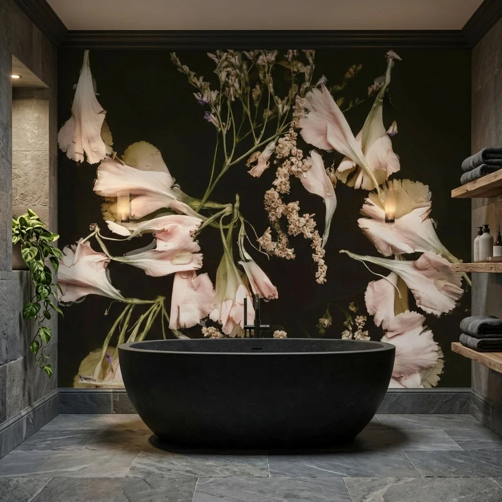 Blush pink tulips and baby's breath botanical wallpaper on dark background in modern bathroom setting