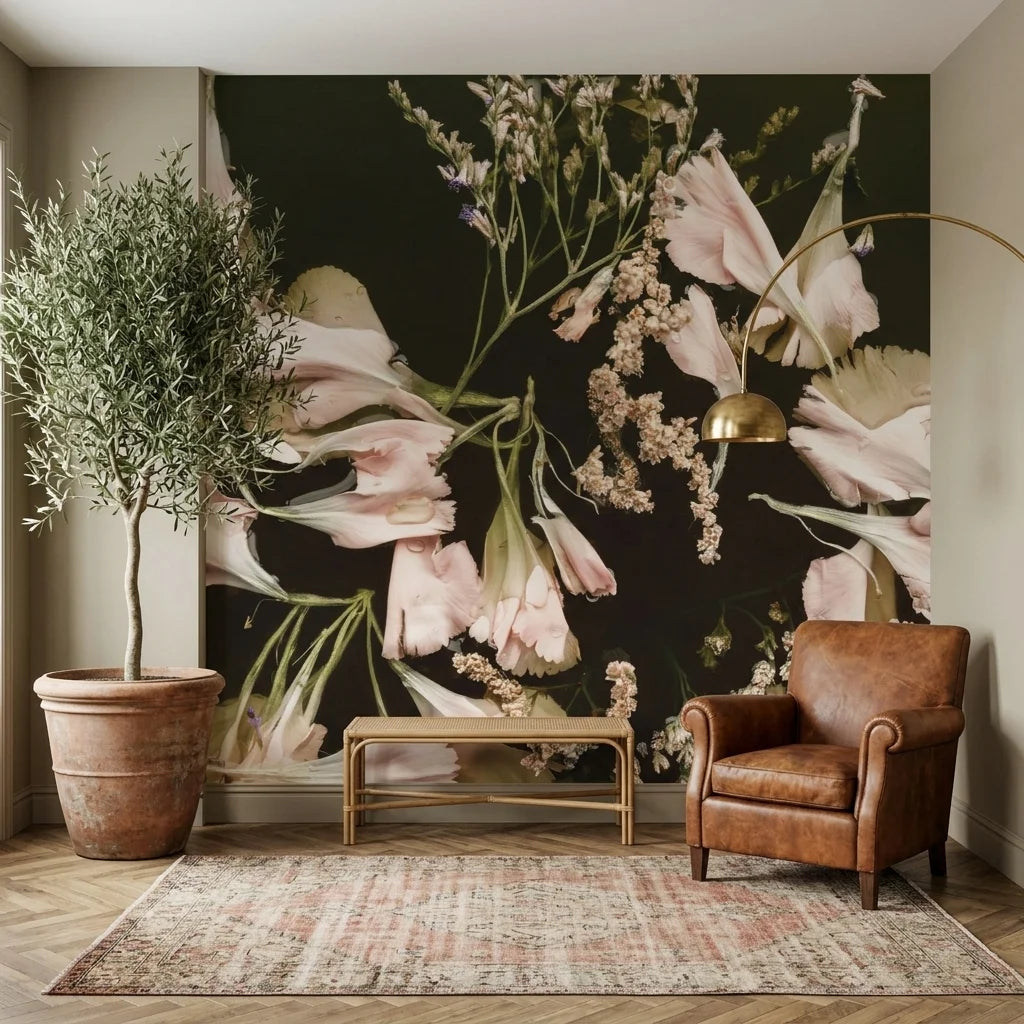 The Still Hour oversized floral wallpaper with blush tulips on dark background in elegant living room