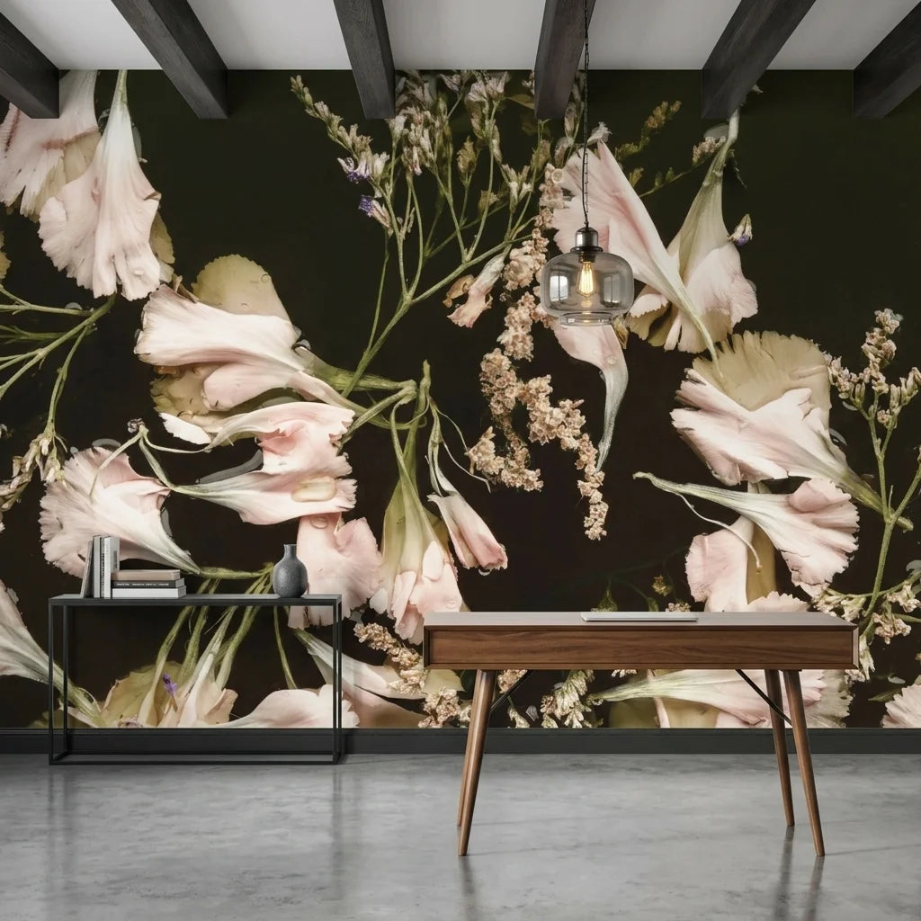 Blush pink and cream botanical wallpaper featuring oversized flowers on dark background in modern office setting