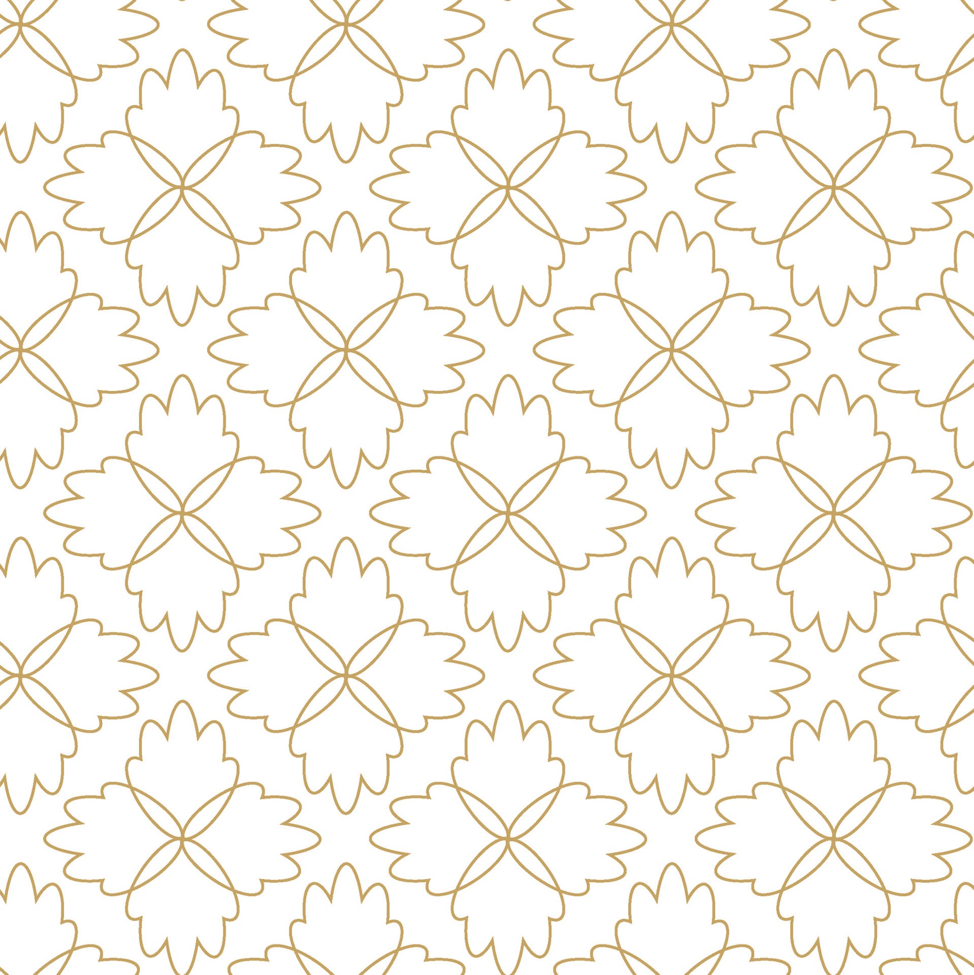 Fine lines of gold trace a four-lobed flower design against a crisp white backdrop