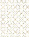 Fine lines of gold trace a four-lobed flower design against a crisp white backdrop