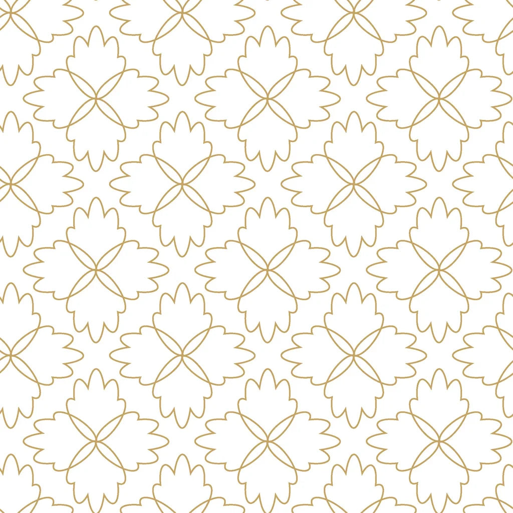 Fine lines of gold trace a four-lobed flower design against a crisp white backdrop