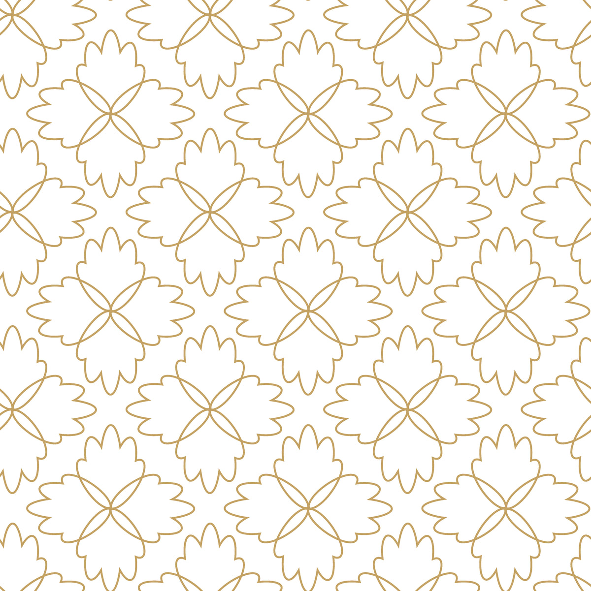 Fine lines of gold trace a four-lobed flower design against a crisp white backdrop