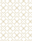 Fine lines of gold trace a four-lobed flower design against a crisp white backdrop