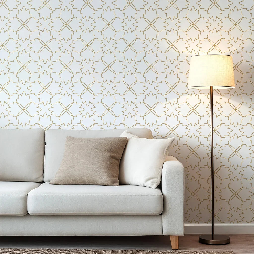 Golden borders outline a repeating botanical quatrefoil pattern, set upon a simple white backdrop
