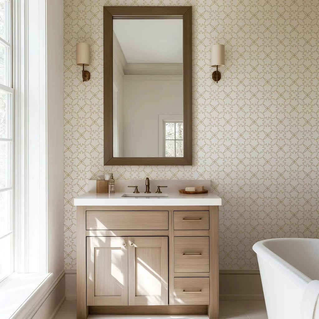 Subtle gold tracing creates a repeating, four-leafed flower motif set against a white ground.