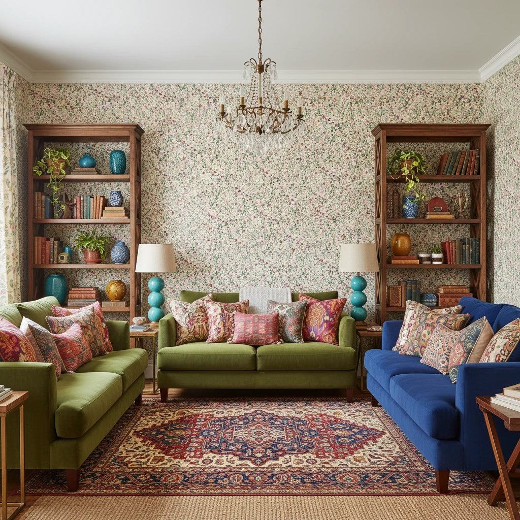 Thistle &amp; Clover vintage botanical garden wallpaper in a warm and inviting living room