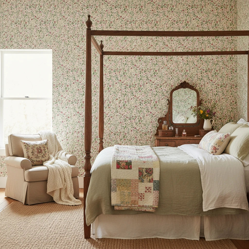 Thistle &amp; Clover vintage botanical garden wallpaper adding character to a cozy bedroom