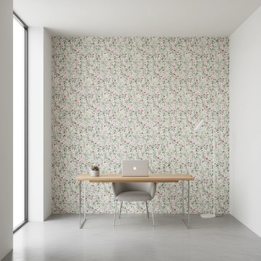 Thistle &amp; Clover vintage botanical garden wallpaper as a feature wall in a bright home office