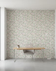 Thistle & Clover vintage botanical garden wallpaper as a feature wall in a bright home office