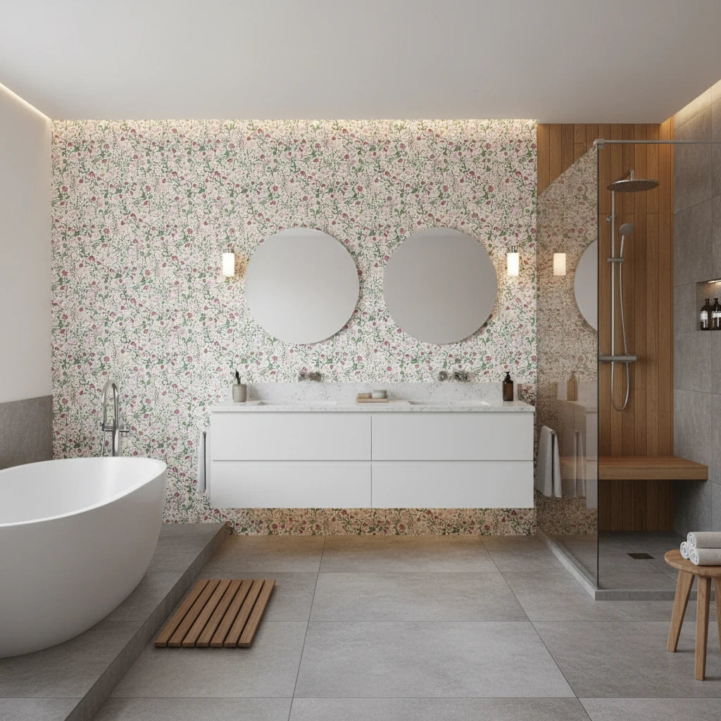 Thistle &amp; Clover vintage botanical garden wallpaper creating ambiance in a serene bathroom
