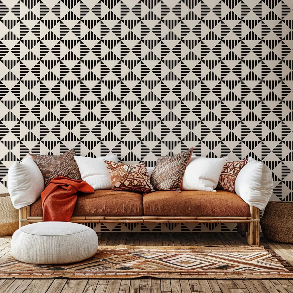 Self-adhesive wallpaper featuring a black and white geometric pattern of triangular stripes, product code Ticking Wings