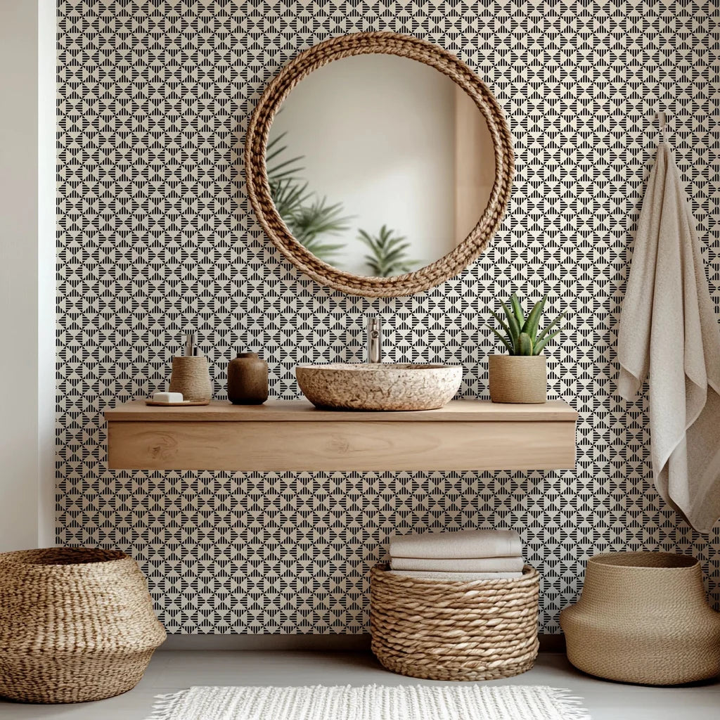 Monochrome geometric triangle-striped peel-and-stick wall covering named Ticking Wings