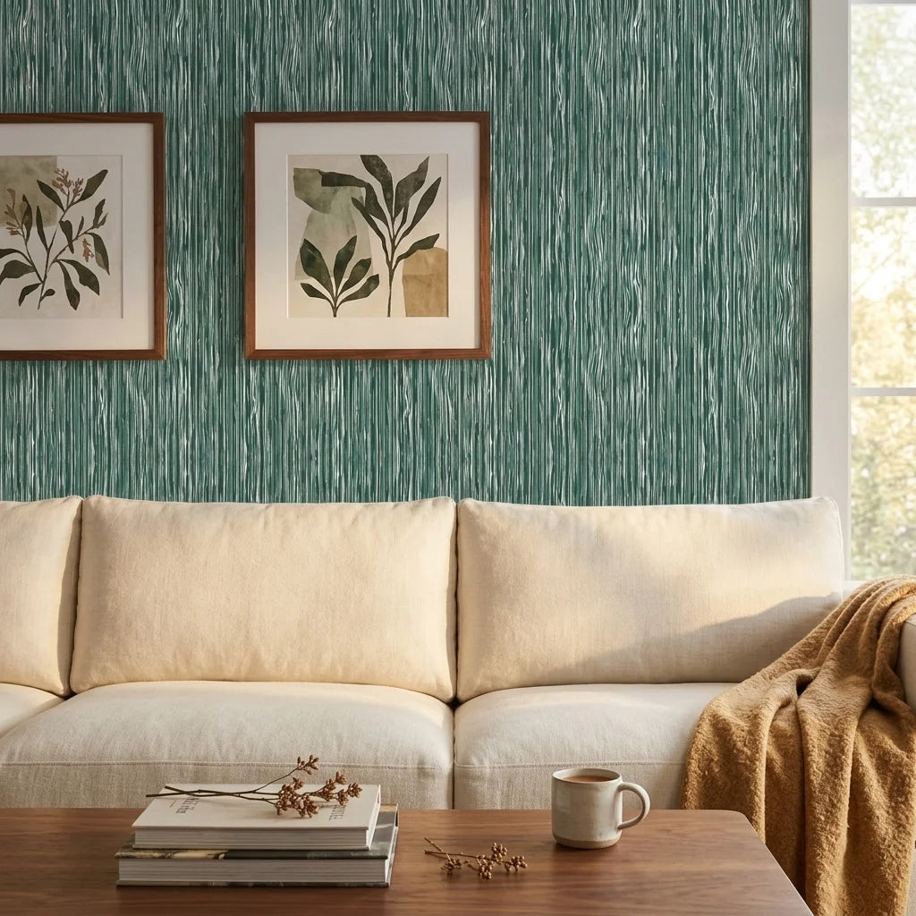 Tidal Grain green vertical woodgrain wallpaper in a warm and inviting living room