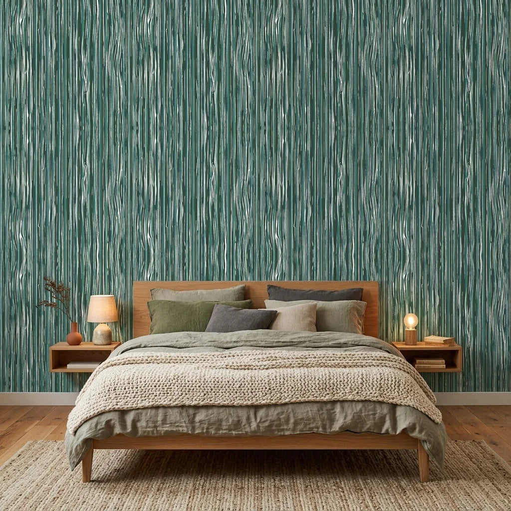 Tidal Grain green vertical woodgrain wallpaper adding character to a cozy bedroom