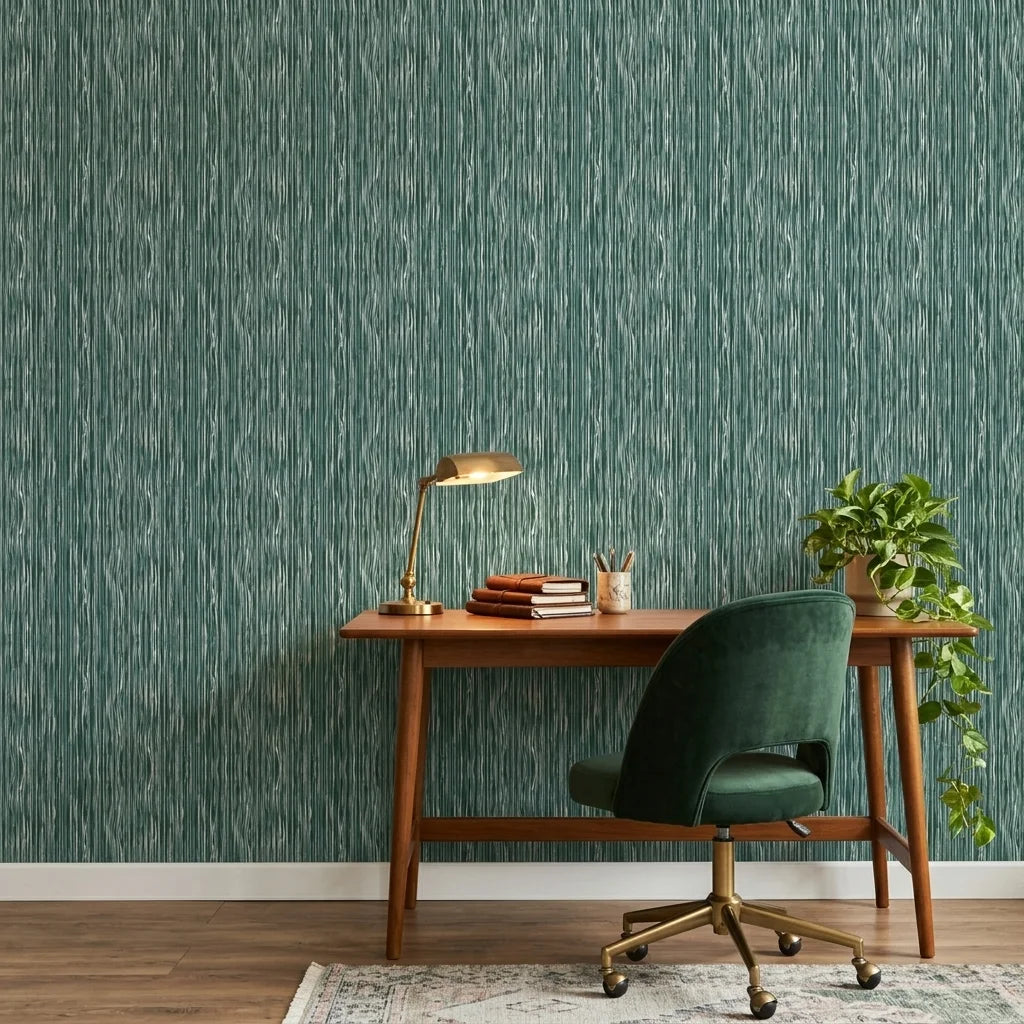 Tidal Grain green vertical woodgrain wallpaper as a feature wall in a bright home office