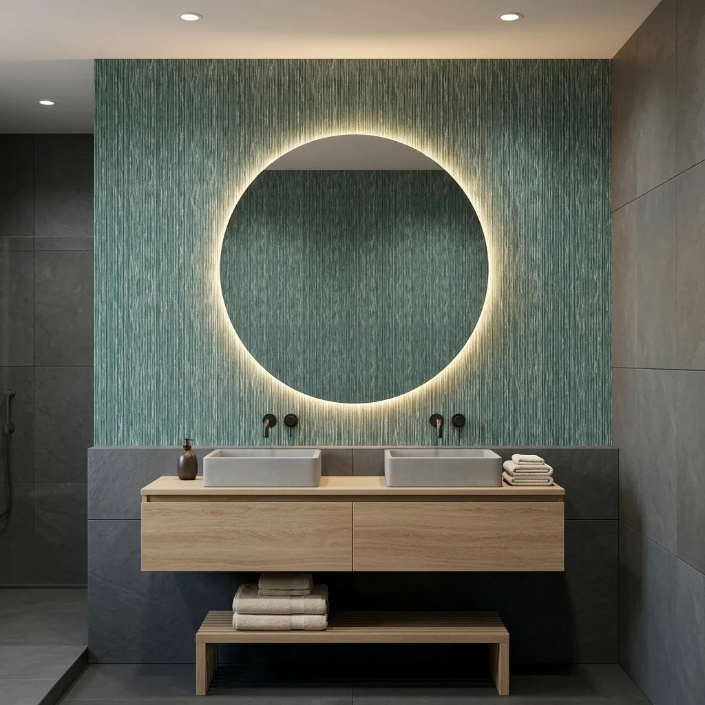 Tidal Grain green vertical woodgrain wallpaper creating ambiance in a serene bathroom